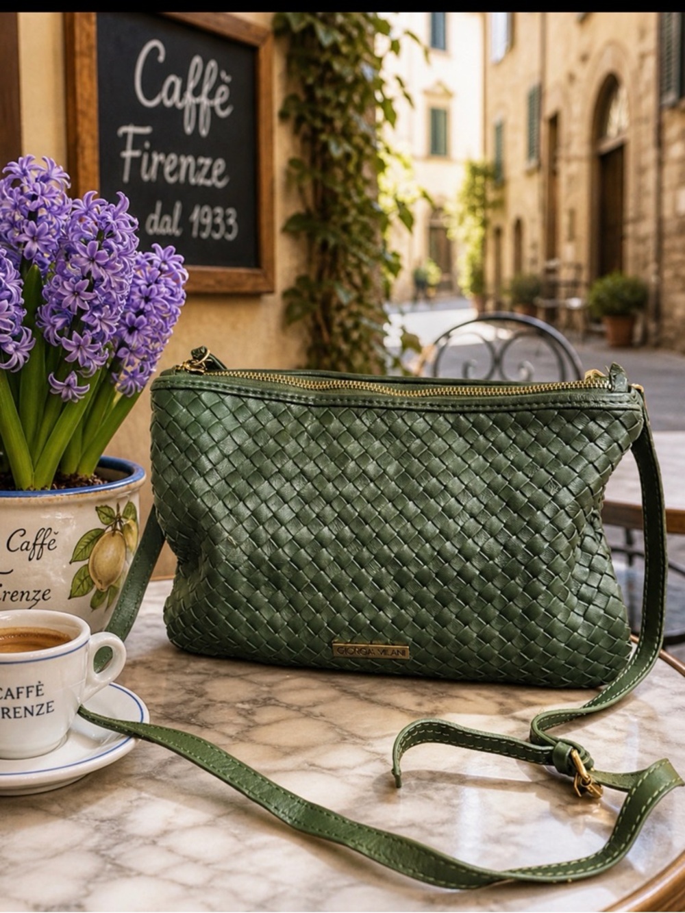 Woven Green soft Leather Crossbody / clutch bag with Gold Hardware Italian made